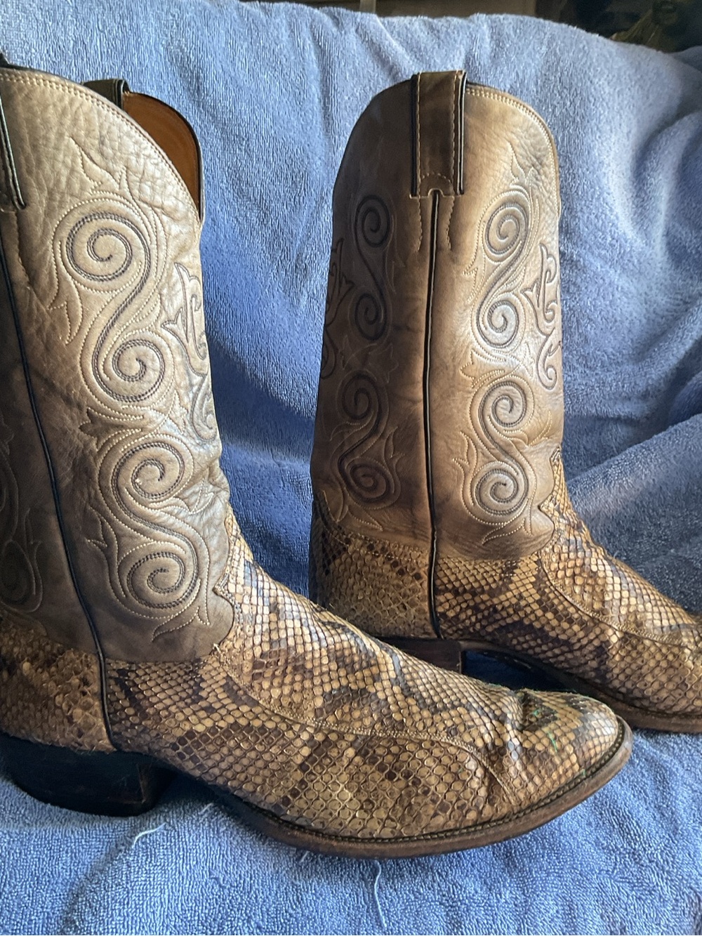 Justin Vintage Tan/Brown Genuine Python Snakeskin-Leather Cowboy Boots 13B Men's - Picture 8 of 10